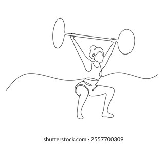 Minimalist one-line drawing of a person performing a weightlifting exercise, lifting a barbell overhead in a squat position, showcasing strength and fitness.