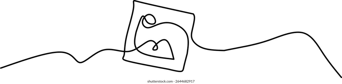 Minimalist one-line drawing of a photo icon with mountain and sun. Perfect for gallery, photography, image upload concepts, or creative visual media branding.