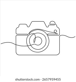 Minimalist One-Line Drawing of a Retro Camera for Photography, Travel, Memories, Creativity, Art, Media, and Visual Storytelling in Vector Style.