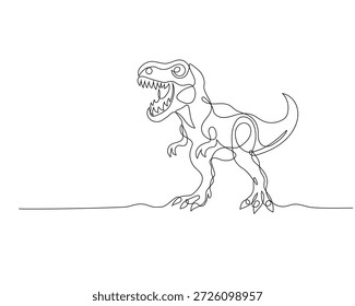 Dibujo minimalista de una línea de un dinosaurio T-Rex rugiente, que captura el movimiento y el carácter con un elegante arte lineal continuo.