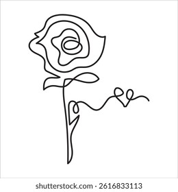 Minimalist One-Line Drawing of a Rose with Stem and Leaves on a White Background
