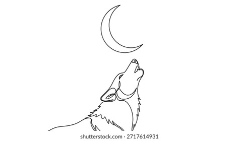 Um desenho minimalista de uma linha mostra um lobo uivando na lua crescente. Esta ilustração elegante e simples captura a essência da vida selvagem, natureza e a conexão mística entre os animais