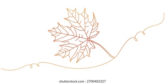Desenho minimalista de uma linha de uma única folha de bordo com uma linha curva fluindo em um gradiente laranja suave. A arte em linha contínua captura a beleza do outono e a simplicidade da natureza