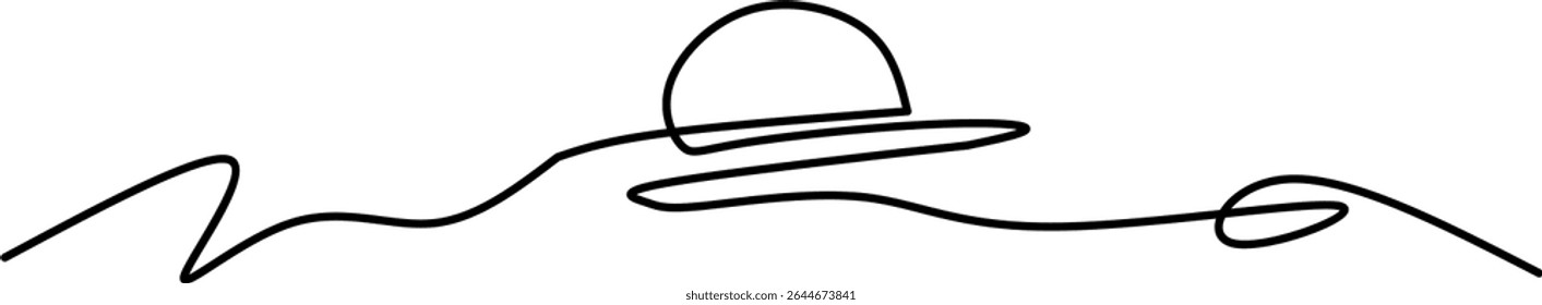 Minimalist one-line drawing of a sunset over the sea, symbolizing serenity, nature, and relaxation, ideal for summer, vacation, or coastal design themes.