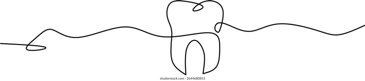 Minimalist one-line drawing of a tooth with dental floss, symbolizing oral care and dental hygiene. Perfect for dental clinic logos or health-related designs.