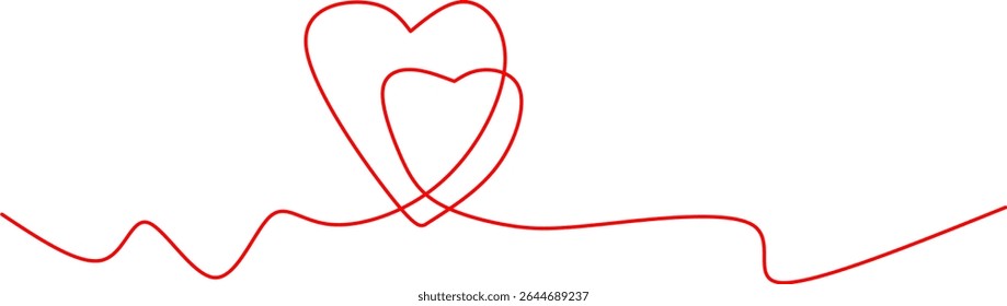 Minimalist one-line drawing of two intertwined hearts. Symbolizing love, connection, romance, and unity, perfect for wedding, Valentine's, or romantic-themed designs and branding.