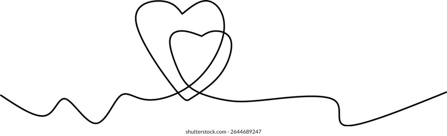 Minimalist one-line drawing of two intertwined hearts. Symbolizing love, connection, romance, and unity, perfect for wedding, Valentine's, or romantic-themed designs and branding.