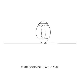 Desenho minimalista de uma linha de um futebol americano ereto com costura detalhada, definido em uma superfície plana. Ideal para marcas esportivas, gráficos editoriais e coleções de arte de linha