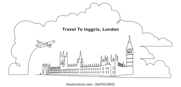 Desenho minimalista de uma linha de vários edifícios icônicos em Londres, incluindo Big Ben e o Palácio de Westminster, com um avião sobrevoando e elementos de nuvens ao fundo.
