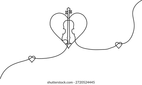 Minimalist one-line drawing of a violin integrated with heart shapes, representing love for music in a clean, modern aesthetic.