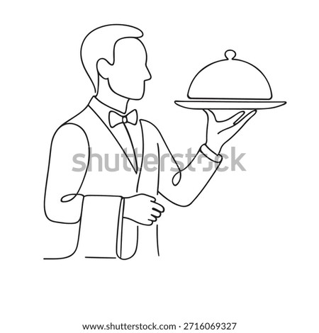 A minimalist, one-line drawing of a waiter in formal attire, presenting a covered dish on a silver cloche, ready to serve.