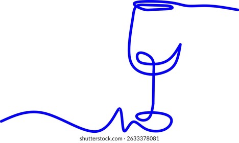 Minimalist one-line drawing of a wine glass in blue on a white background. Elegant, modern, and artistic illustration perfect for branding, menus, posters, or wine-related designs.