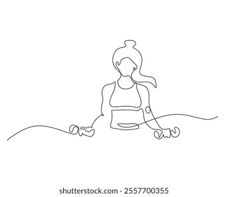 Minimalist one-line drawing of a woman lifting two dumbbells, one in each hand. Symbolizes strength, fitness, and determination. Ideal for workout, exercise, and health concepts.