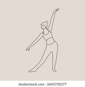  Desenho minimalista de uma linha de uma mulher que se estende em roupas ativas. Captura graça, movimento e atenção plena com linhas simples. Ideal para projetos criativos de bem-estar, ioga, fitness ou estilo de vida.