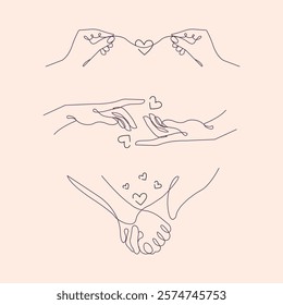 Minimalist one-line drawings of hands holding. Valentine's Day Design. perfect for Valentines Day cards, wedding invitations, and romantic projects. A creative and elegant vector set for love-themed