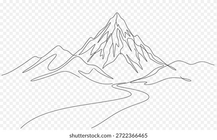Uma ilustração minimalista de uma linha com um pico de montanha e uma trilha sinuosa, representando natureza, aventura e simplicidade.