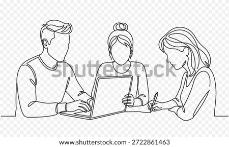 A minimalist one-line illustration of three colleagues collaborating on a project with a laptop and notebook in an office setting.