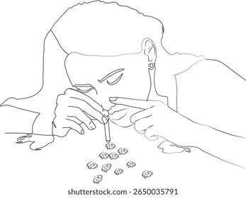 Minimalist one-line vector drawing of a woman using drugs, symbolizing addiction and its consequences. Ideal for use in awareness campaigns, rehabilitation content, social issues, and mental health il
