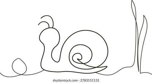 Minimalist one-line vector illustration of a snail in profile with grass blades, set on a white background.