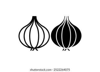 Ícones de cebola minimalistas em contorno e estilo sólido. Design de ilustração vetorial.