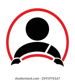 Minimalist online driver logo featuring a black silhouette with a red circular frame and uniform. Ideal for ride-sharing, taxi apps, delivery services, and transportation branding