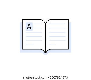 Minimalist open book with a large 'A' emphasizing learning and education. The image signifies knowledge acquisition, study, and digital resources for education in modern settings.