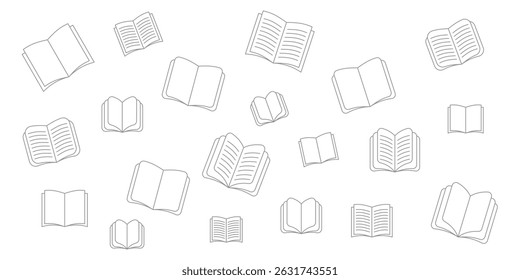 Minimalist Open Book Pattern on White Background. Seamless pattern featuring various open book illustrations in a minimalist line art style.
