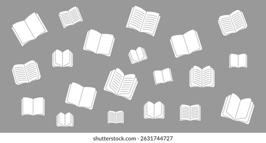 Minimalist Open Book Pattern on Gray Background. Seamless pattern featuring various open book illustrations in a minimalist line art style.