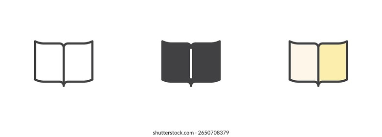 Minimalist open book with two pages vector icon set. Outline, solid and filled outline color versions. Book icon, logo and symbol pack in different styles.