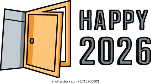 Minimalistisches Open-door-Symbol neben Happy New Year 2026, sauberer Linienstil, weißer Hintergrund, modernes festliches Design, ideal für digitale Grußkarten, Banner und saisonale Projekte.