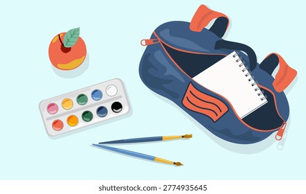 Minimalist Open School Backpack Vector Top View with Spiral Notebook Inside Art Supplies Watercolor Paints and Red Apple on Desk Education Flat Lay