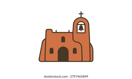 A minimalist orange adobe church featuring a bell tower with a cross and arched entrance, rendered in a clean flat design style
