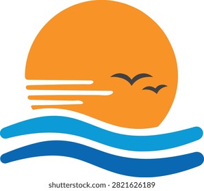 Minimalist Orange Sun Setting Over Blue Ocean Waves With Silhouetted Flying Birds And Horizontal Speed Lines, Modern Coastal Logo Style
