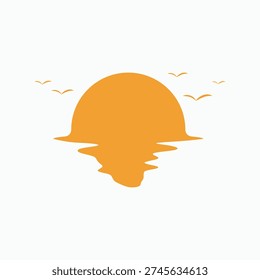Minimalist orange sunset vector illustration with sun reflection on water and seagulls flying, isolated on white background
