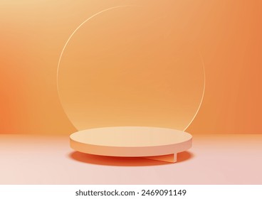 A minimalist orange toned podium with a circular transparent glass backdrop, in soft lighting. Ideal for product displays or artistic presentations