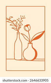 Minimalist Orange Vases with Plants Line Art T-Shirt