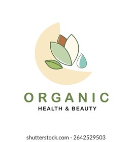 Minimalist organic health and beauty logo with abstract leaves, a water drop, and a crescent moon, ideal for natural wellness brands.