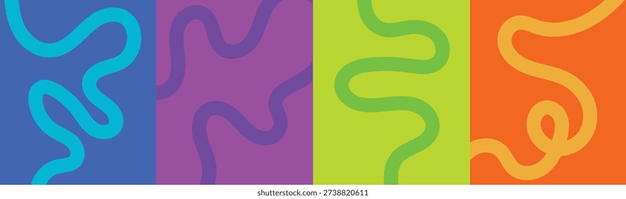 Minimalist organic path backgrounds featuring bright neon colors and simple thin winding line art illustrations