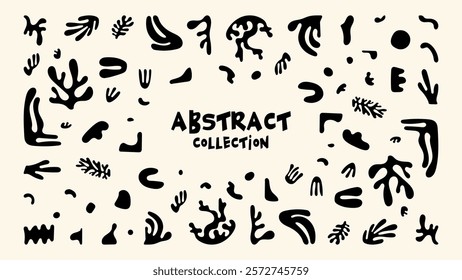 Minimalist Organic Plant Shapes. Hand-drawn abstract plant shapes in black and white, inspired by Matisse. Modern collage design, perfect for prints, fashion templates, and creative projects