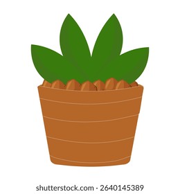Minimalist Organic Potted Plant Illustration, Flat Design Green Leaf Plant in Simple Pot Isolated on White. Sustainable July Concept