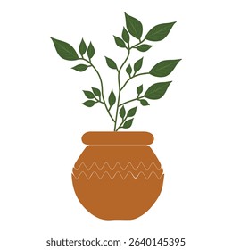 Minimalist Organic Potted Plant Illustration, Flat Design Green Leaf Plant in Simple Pot Isolated on White. Sustainable July Concept