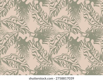 Minimalist organic seamless pattern with abstract wavy leaf shapes. Bicolor floral vector background in earth tones. Zen-style aesthetic for textile and wallpaper design.
