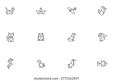 Minimalist origami line icon set featuring paper animal and vehicle shapes like crane, boat, airplane, fox, and frog