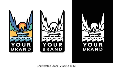 Minimalist outdoor adventure logo concept with mountain, river, hill, and lake elements. Ideal for apparel, fashion, sport, or travel branding.
