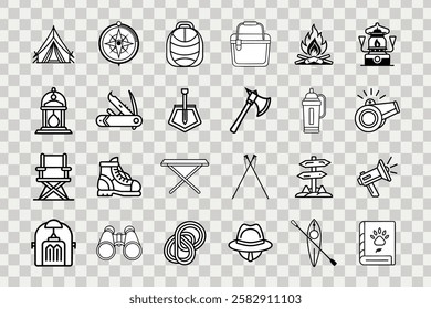  Minimalist outdoor camping icons set in line art style, perfect for adventure and travel designs.