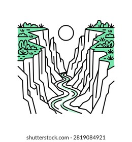 Minimalist outdoor scene showing cliffs, water, and vegetation.