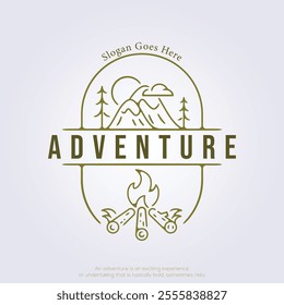 minimalist outline adventure logo symbol icon vector illustration design, line art mountain and bonfire adventure logo design for camping