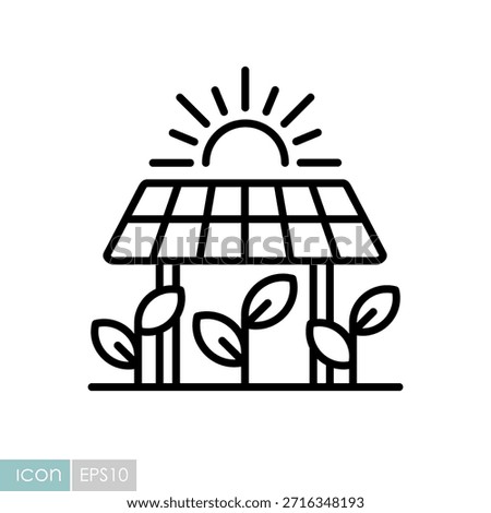 Minimalist outline agrivoltaics icon with solar panel and plants suitable for sustainable agriculture and renewable energy design concepts