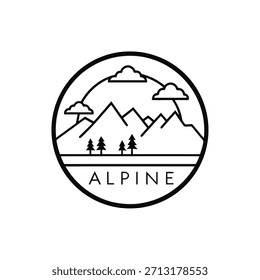 Logotipo minimalista de la cordillera alpina con pinos y nubes