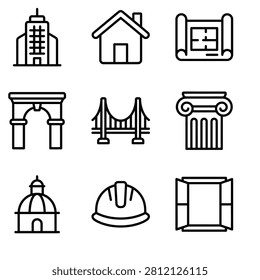 Minimalist Outline Architectural Elements Icons Set Representing Buildings and Structures